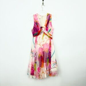 Vintage 70s Floral Rosette Fit & Flare Dress Pastel Pink Multicolor